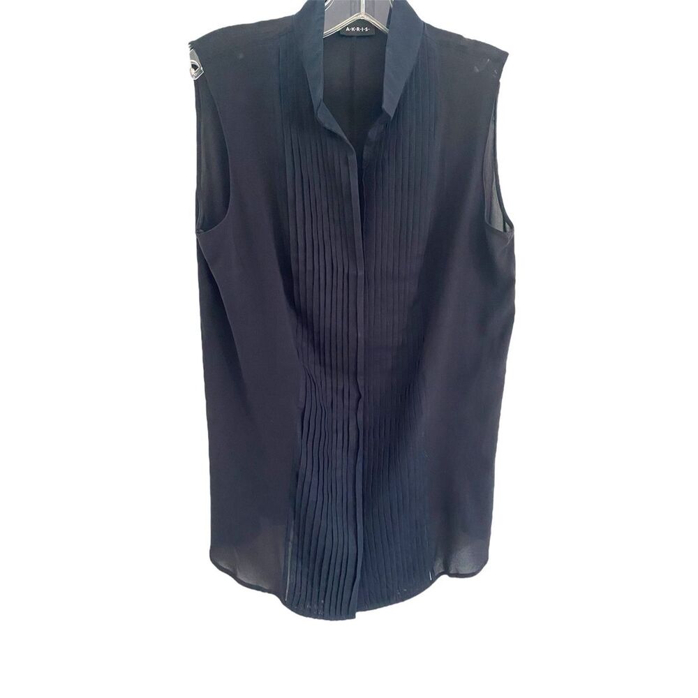 Akris Dark Navy Blue Silk Sleeveless Collared Pleated front Button Top